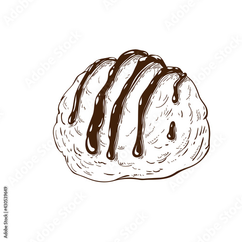 one scoop of ice cream hand drawn illustration isolated on white. ice cream vintage ink drawn sketch. one ball of sundae with dripping melted chocolate. gelato with dipping sauce for label or logo.