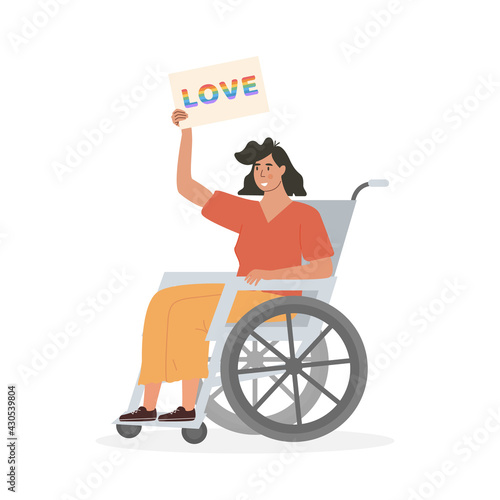 LGTB activist on wheelchair holding placard with word Love in rainbow colors at pride parade. Handicapped Disabled Lesbian Girl on protest for equal rights. Vector flat character on white. Diversity.