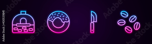 Set line Brick stove, Donut, Knife and Coffee beans. Glowing neon icon. Vector