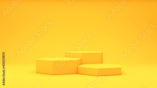 Presentation stand on a yellow background. Three hexagonal presentation stands. 3d render illustration for advertising.