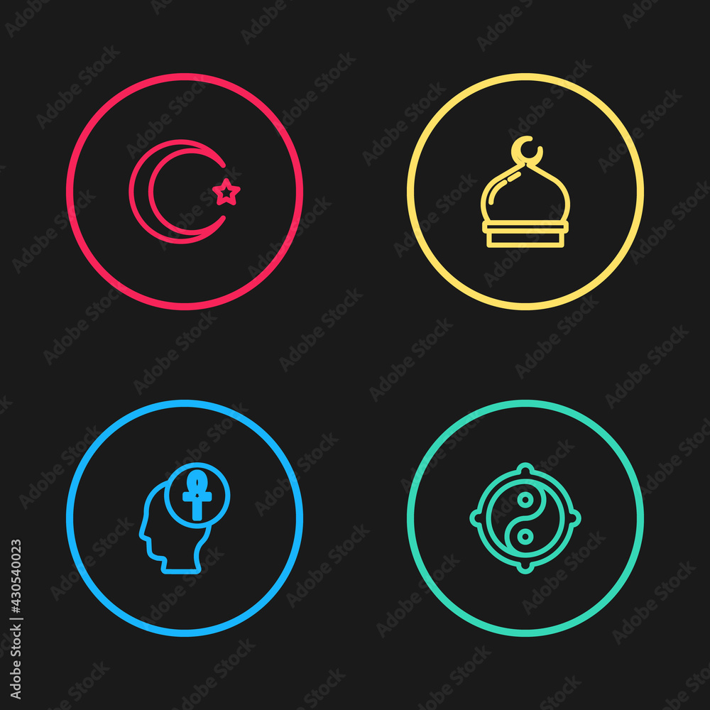Set line Cross ankh, Yin Yang, Muslim Mosque and Star and crescent icon. Vector Set line Cross ankh, Yin Yang, Muslim Mosque and Star and crescent icon. Vector