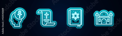 Set line Cross ankh, Decree, paper, parchment, scroll, Jewish torah book and Muslim Mosque. Glowing neon icon. Vector
