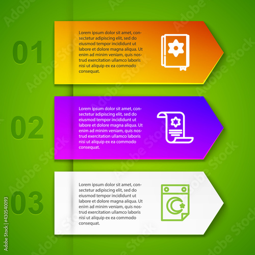 Set line Jewish torah book, Torah scroll and Star and crescent. Business infographic template. Vector