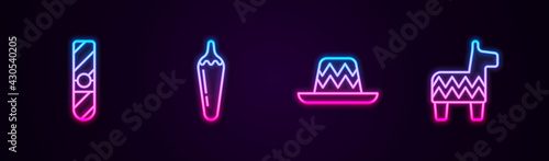 Set line Cigar, Hot chili pepper pod, Mexican sombrero and Pinata. Glowing neon icon. Vector
