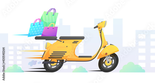 Yellow fast delivery retro scooter, moped, motorbike with bags on the way, road and city, red pin on the map, on white. Vector illustration for design, flyer, poster, banner, web, advertising.