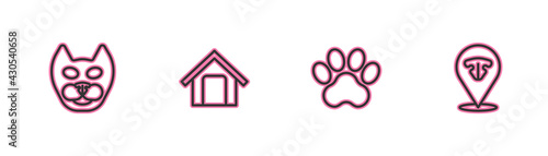 Set line Cat, Paw print, Dog house and nose icon. Vector