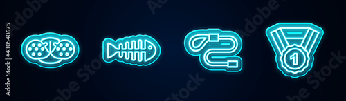 Set line Cat nose, Fish skeleton, Retractable cord leash and Dog award symbol. Glowing neon icon. Vector