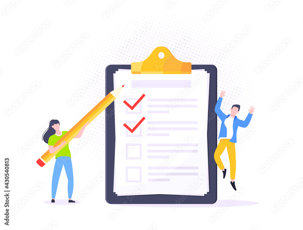 Checklist complete business concept tiny people with pencil nearby giant clipboard, task done and check mark ticks flat style design vector illustration isolated white background. - obrazy, fototapety, plakaty 