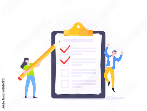 Checklist complete business concept tiny people with pencil nearby giant clipboard, task done and check mark ticks flat style design vector illustration isolated white background.