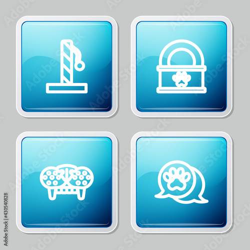 Set line Cat scratching post, Canned food, tooth and Paw print icon. Vector