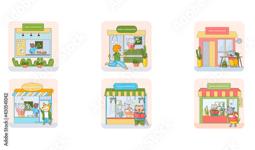Animal kindergarten, cartoon wild baby animals attend classes and play games outside home scenes set. Cute concept for nursery posters, games for kids. Funny cartoon smart animal schoolchildren