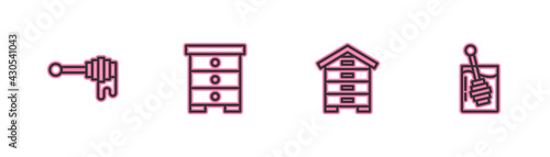 Set line Honey dipper stick with honey, Hive for bees, and icon. Vector