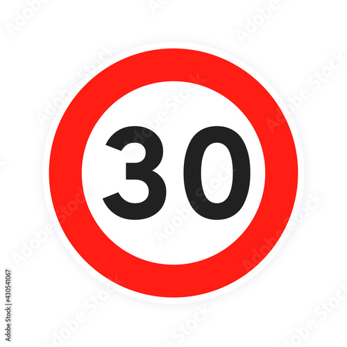 Speed limit 30 round road traffic icon sign flat style design vector illustration isolated on white background. Circle standard road sign with number 30 kmh.