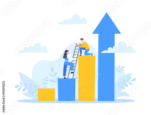 Business mentor helps to improve career and holding stairs steps vector illustration. Mentorship, upskills, climb help and self development strategy flat style design business concept. photo