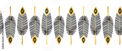 Seamless vector border feathers black gold. Repeating horizontal pattern hand drawn feather line art Boho illustration metallic golden texture. For banner, fabric trim, footer, divider, home decor