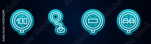 Set line Speed limit traffic, Road sign, Stop and No overtaking road. Glowing neon icon. Vector
