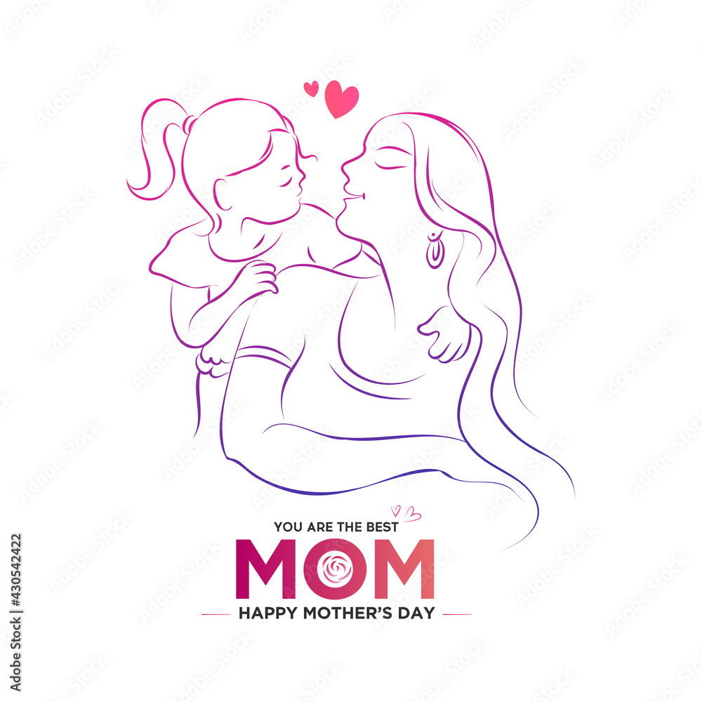 Happy mother's day card. Line art drawing of Mom and Girl Child looking at each other. Family holiday and togetherness. Vector illustration. Happy mother's day card. Line art drawing of Mom and Girl Child looking at each other. Family holiday and togetherness. Vector illustration.