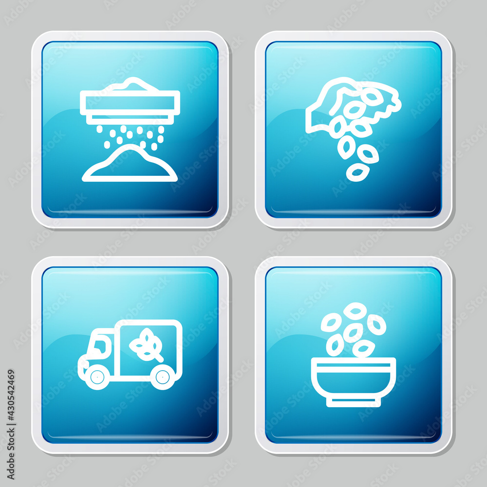 Set line Sifting flour, Seed, Flour truck and Seeds bowl icon. Vector Set line Sifting flour, Seed, Flour truck and Seeds bowl icon. Vector