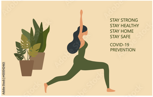 COVID-19 quarantine concept stay strong stay healthy stay home stay safe yoga girl at home vector illustration