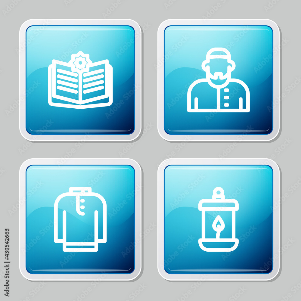 Set line Holy book of Koran, Muslim man, Shirt kurta and Ramadan Kareem lantern icon. Vector Set line Holy book of Koran, Muslim man, Shirt kurta and Ramadan Kareem lantern icon. Vector