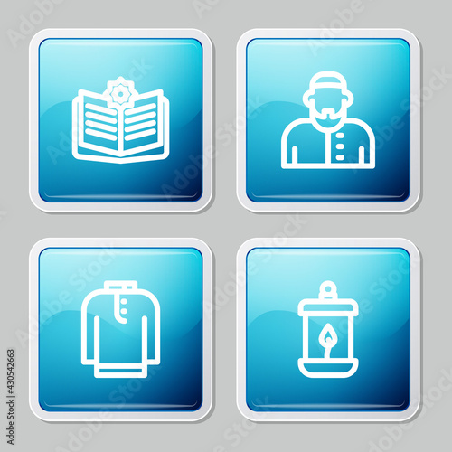 Set line Holy book of Koran, Muslim man, Shirt kurta and Ramadan Kareem lantern icon. Vector