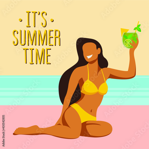 vector trendy illustration on the theme of summer holidays. tanned young smiling girl in a yellow bikini holds a cocktail in her hand, rests and sunbathes on the beach isolated on white background.