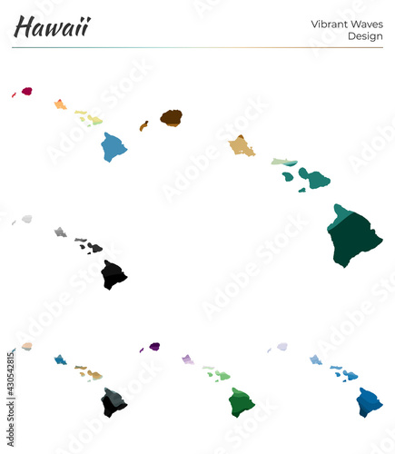 Set of vector maps of Hawaii. Vibrant waves design. Bright map of the island in geometric smooth curves style. Multicolored Hawaii map for your design. Classy vector illustration.