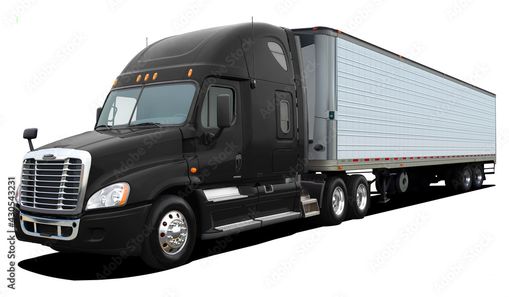 Large american modern truck with an black cab isolated on a white background. Large american modern truck with an black cab isolated on a white background.