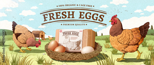 Engraving farm egg ad background