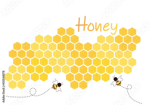 Beehive honeycomb with hexagon grid cells and bee cartoons on yellow background vector illustration.