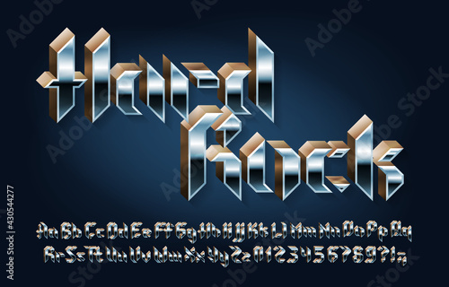 Hard Rock alphabet font. 3D letters, numbers and punctuations in heavy metal style. Uppercase and lowercase. Retro typescript for your typography design.
