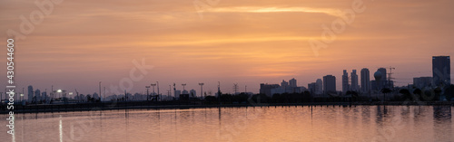 Panoramic view on amazing sunset on Beer Sheva lake. Israel