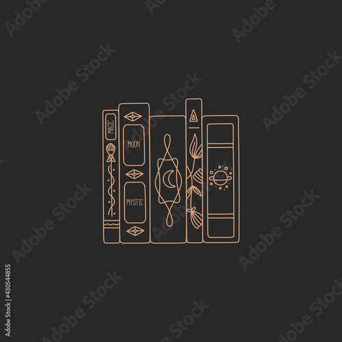 Stack of book spines, books on shelf, gold simple contour line in boho style on black background, modern trendy hand drawn vector witch symbol and mystic design element, doodle flat shape illustration