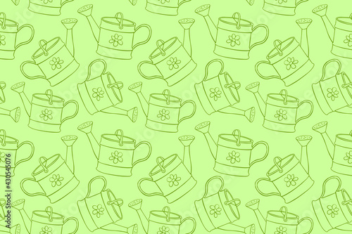 Seamless pattern with watering cans. Hand drawn outline vector background and texture in doodle style, isolated. Gardening tools for working in the garden, on the farm, in the dacha, country site