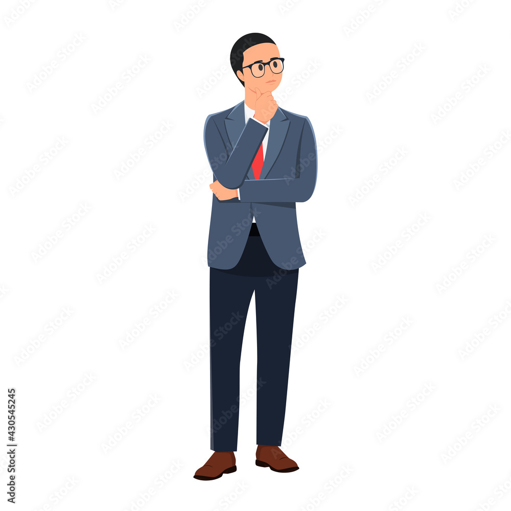 a man is thinking ahead. increase sales, increase turnover, attract customers, improve service quality. with a hand to the chin. vector illustration. white background