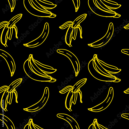 Vector seamless pattern with illustration of bananas in line art yellow color on a black
