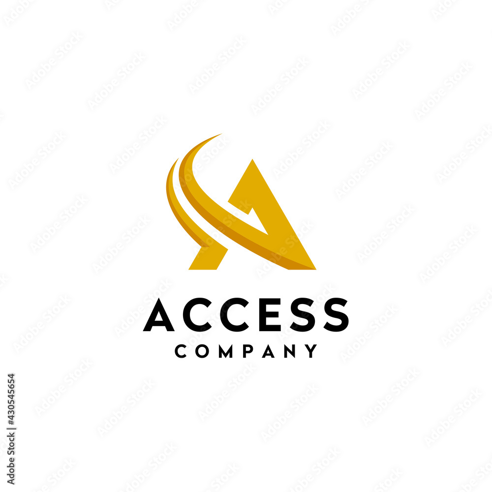 Golden Initial Letter A with Swoosh for Access Aviator Airplane logo design Golden Initial Letter A with Swoosh for Access Aviator Airplane logo design