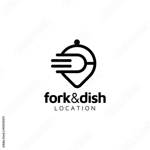 Fork with Lid Dome Cover and GPS Pointer Pin for Restaurant Food Drink Address Location Delivery Order logo icon design