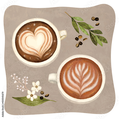 コーヒー　ラテアート　水彩手描きイラスト