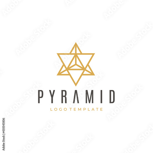Gold Hexagram Line Art; Golden 6 Pointed Star with triangle prism logo design