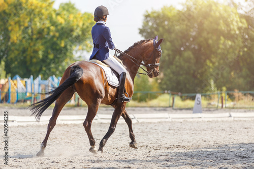 Young girl riding horse at dressage advanced test © skumer