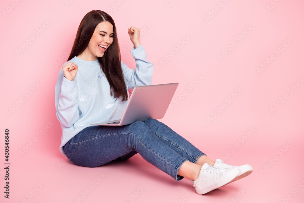 Full size profile photo of nice hooray brunette hairdo lady sit type laptop wear shirt jeans isolated on pink background Full size profile photo of nice hooray brunette hairdo lady sit type laptop wear shirt jeans isolated on pink background