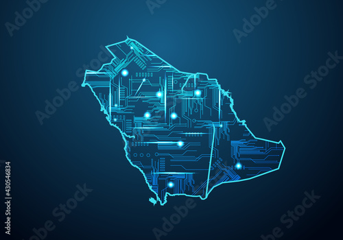 Abstract futuristic map of saudi Arabia. Circuit Board Design Electric of the region. Technology background. mash line and point scales on dark with map.