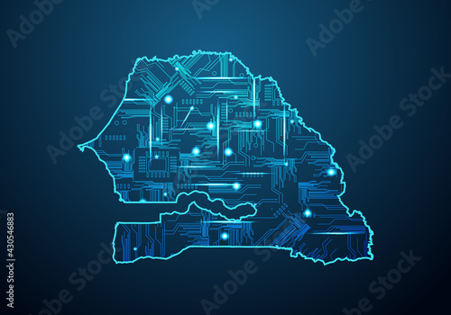 Abstract futuristic map of senegal. Circuit Board Design Electric of the region. Technology background. mash line and point scales on dark with map.