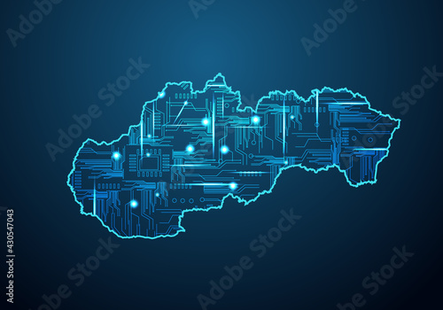 Abstract futuristic map of slovakia. Circuit Board Design Electric of the region. Technology background. mash line and point scales on dark with map.
