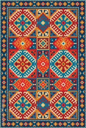 Colorful oriental carpet with tribal geometric pattern