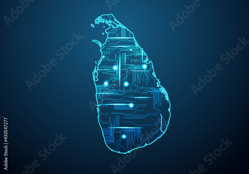 Abstract futuristic map of sri Lanka. Circuit Board Design Electric of the region. Technology background. mash line and point scales on dark with map.
