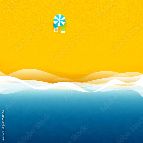 Seaside vacation, two sun loungers with towels under a beach umbrella, blue sea or ocean with waves and yellow sand, top view, vector illustration