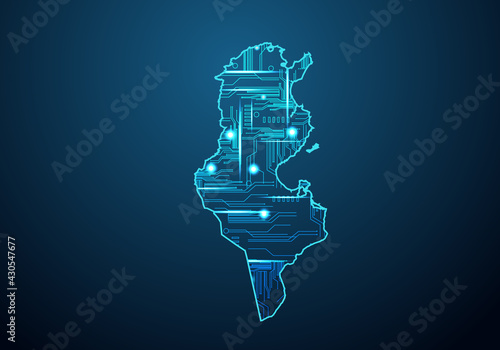 Abstract futuristic map of tunisia. Circuit Board Design Electric of the region. Technology background. mash line and point scales on dark with map.