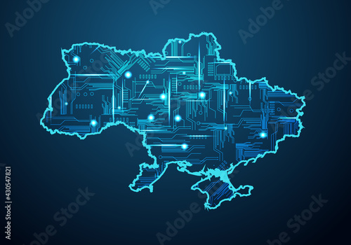 Abstract futuristic map of ukraine. Circuit Board Design Electric of the region. Technology background. mash line and point scales on dark with map.